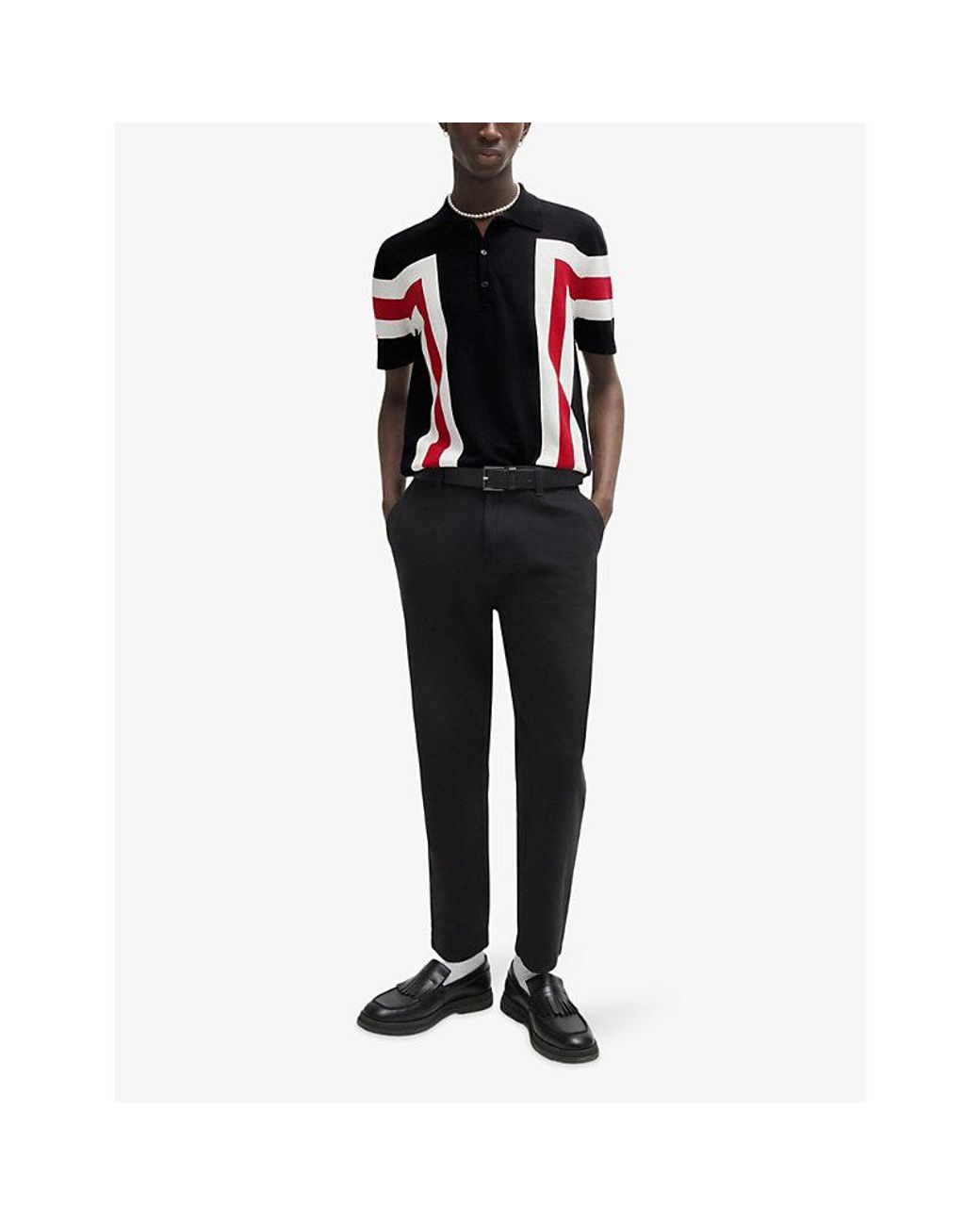 HUGO Black Button-Neck Short-Sleeve Stripe Cotton Polo for men