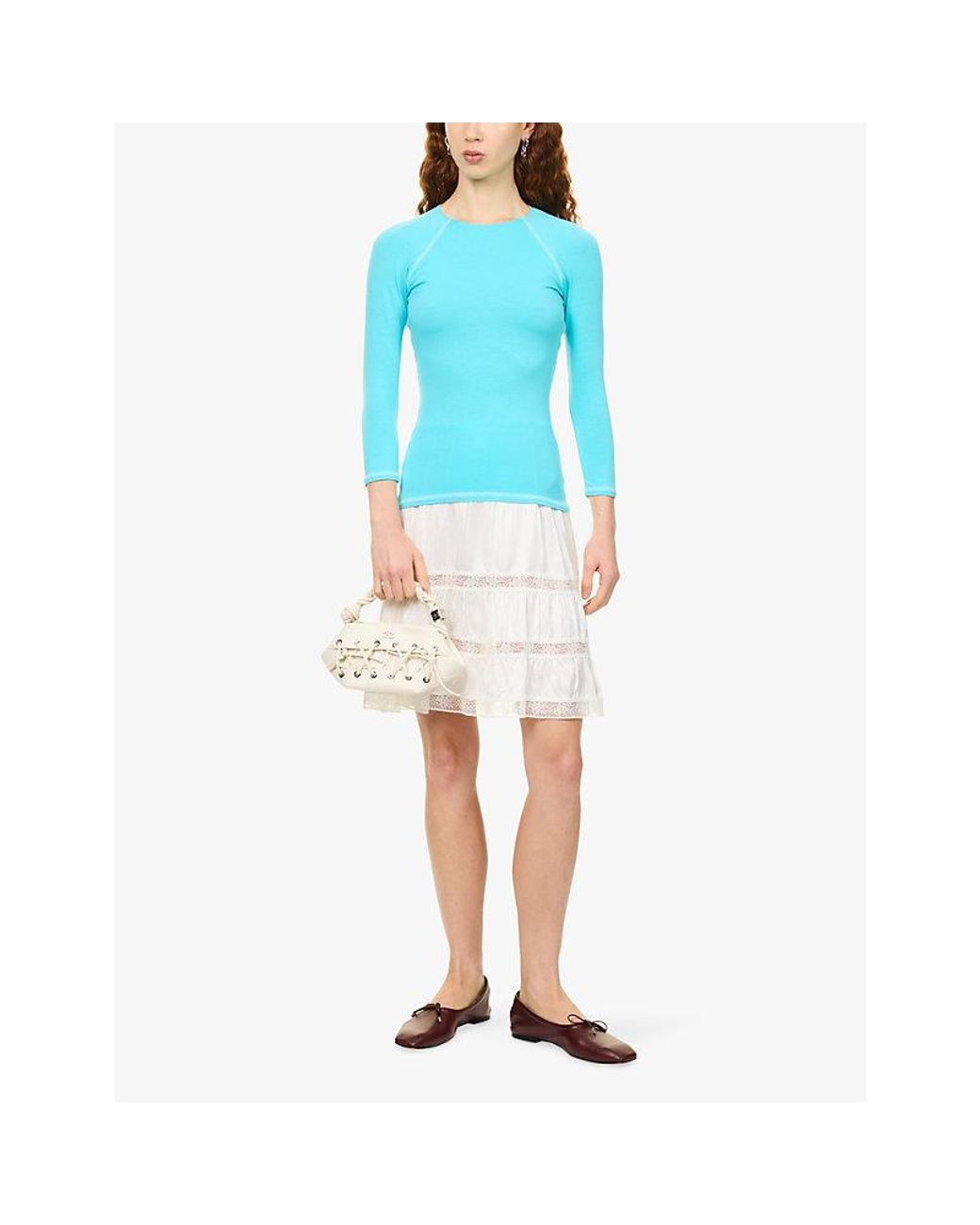 Peachy Den Blue Susie Half-Sleeve Stretch-Woven Top