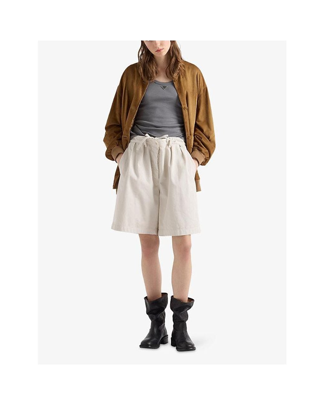 Prada Gray Logo-Plaque Ribbed-Knit Cotton Tank Top