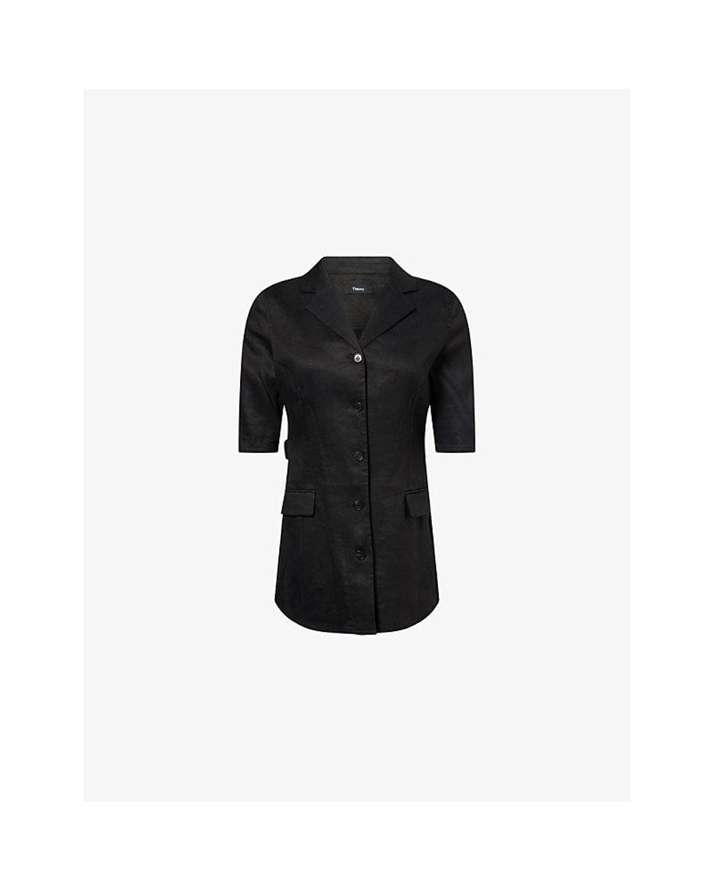 Theory Black Short-Sleeve Belted Linen-Blend Blazer
