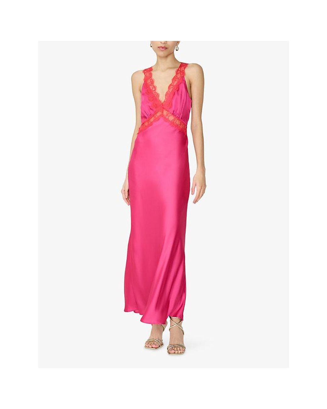 OMNES Pink Aurelia Lace-Trim Satin Maxi Dress
