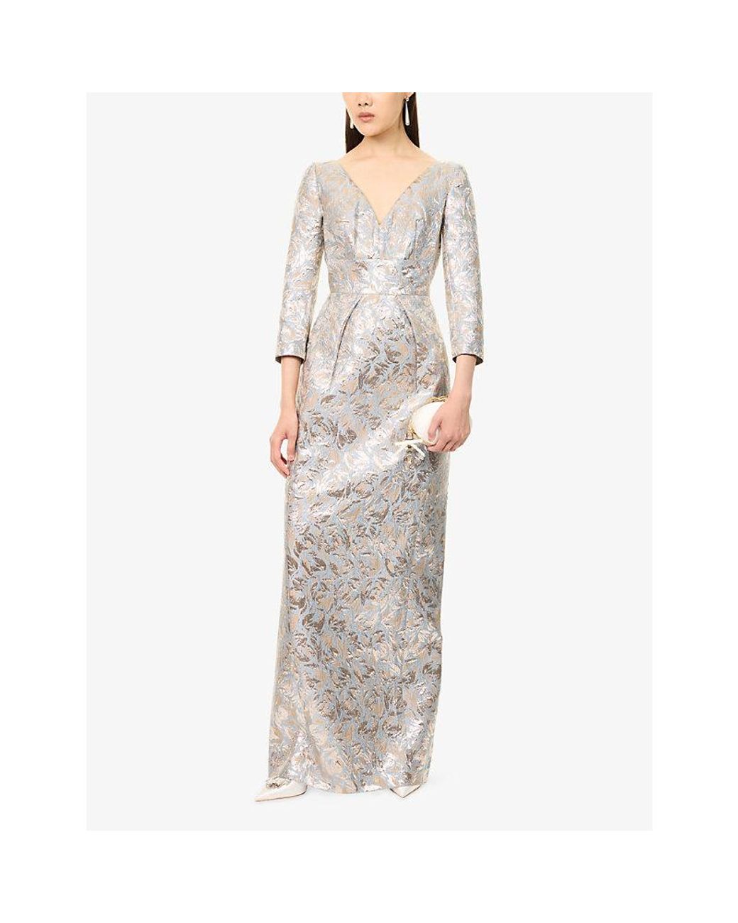 Huishan Zhang Gray Tara V-Neck Jacquard Woven Maxi Gown