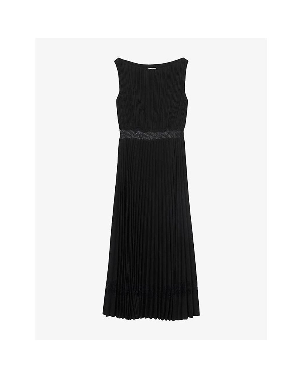 Claudie Pierlot Black Pleated Lace-Trim Satin Midi Dress