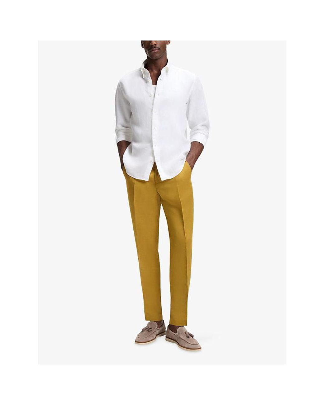 Boss White Brand-Embroidered Long-Sleeved Linen Shirt for men