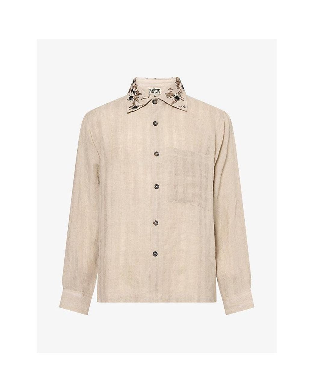 Kartik Research Natural Embroidered Patch-Pocket Linen Shirt for men