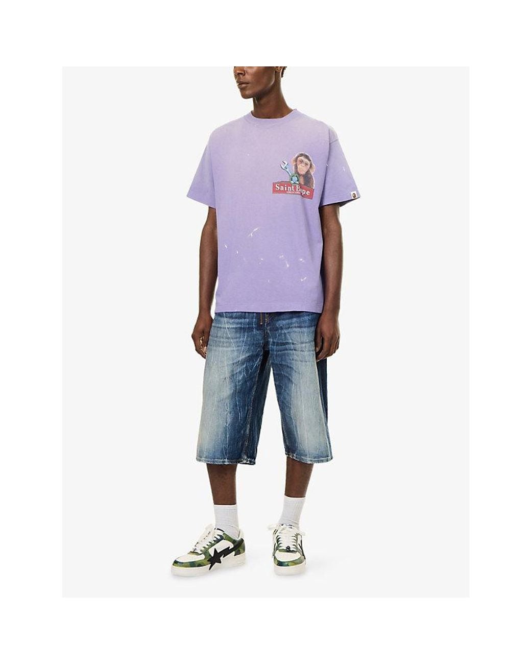 A Bathing Ape Purple Saint Mxxxxxx X Bape Printed Cotton-Jersey T-Shirt for men