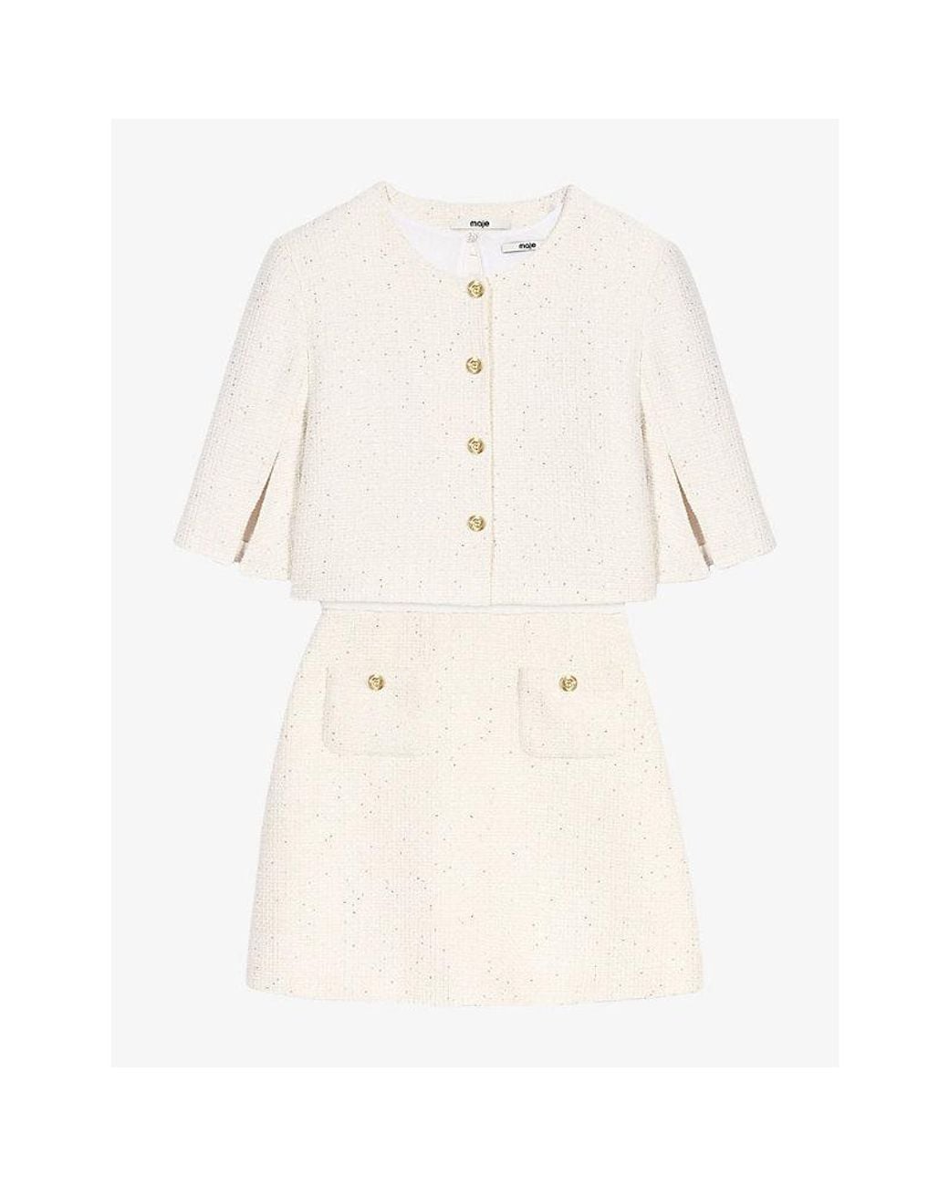 Maje Natural Two-In-One Short-Sleeve Tweed Mini Dress