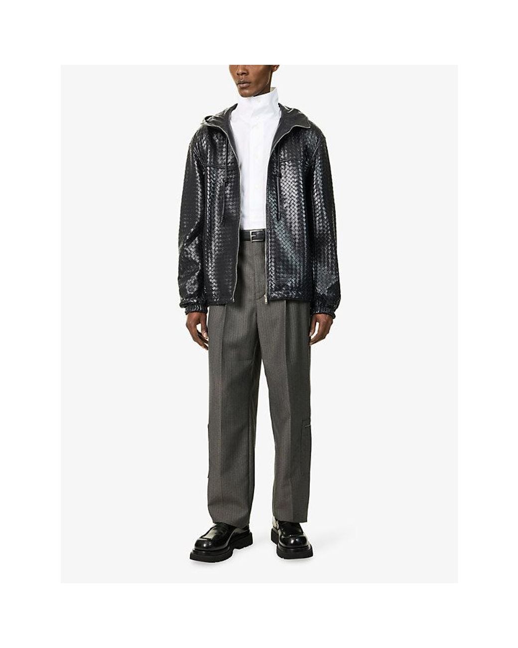 Bottega Veneta Black Intrecciato Hooded Leather Jacket for men