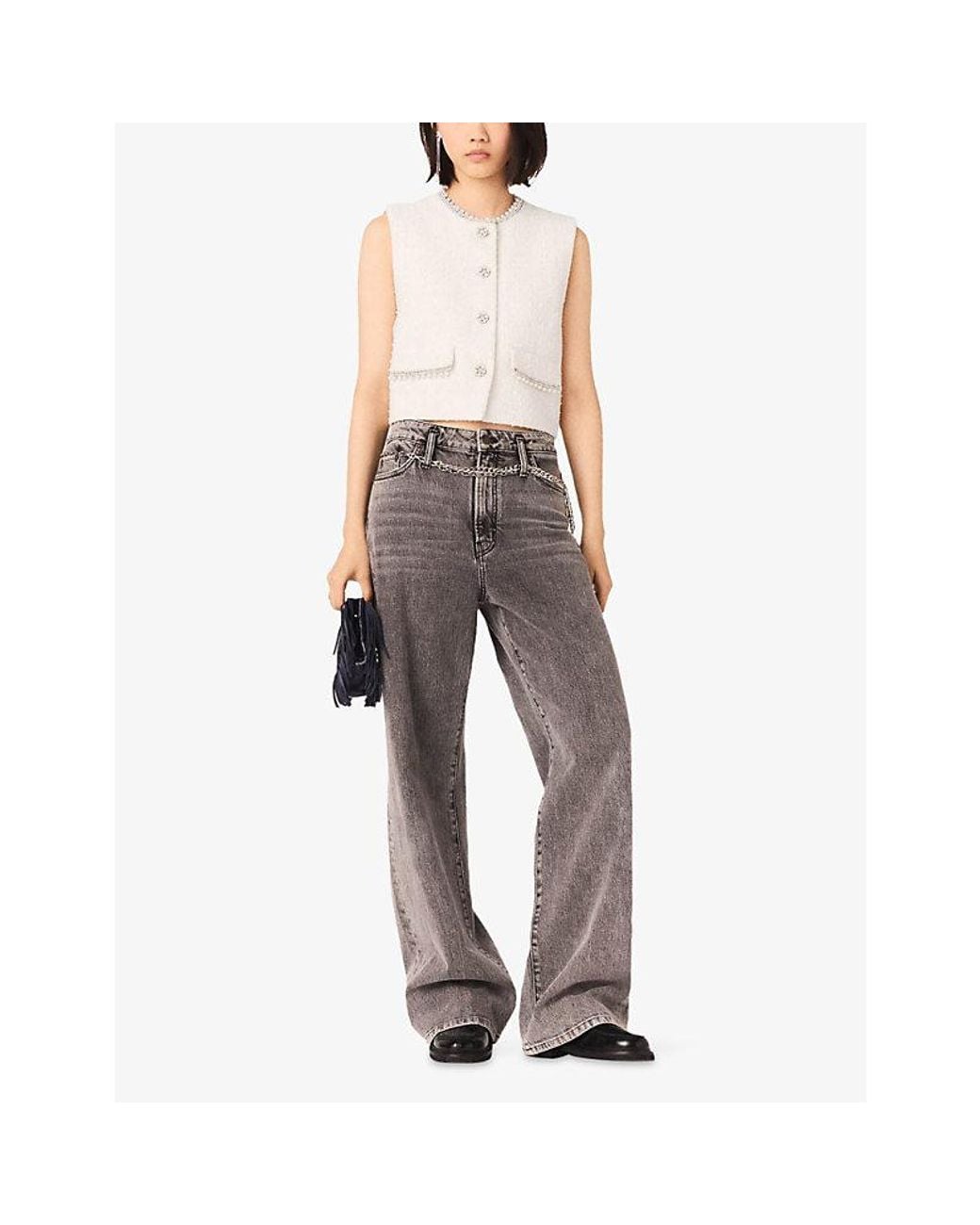 Maje White Sleeveless Bead-Embellished Tweed Jacket