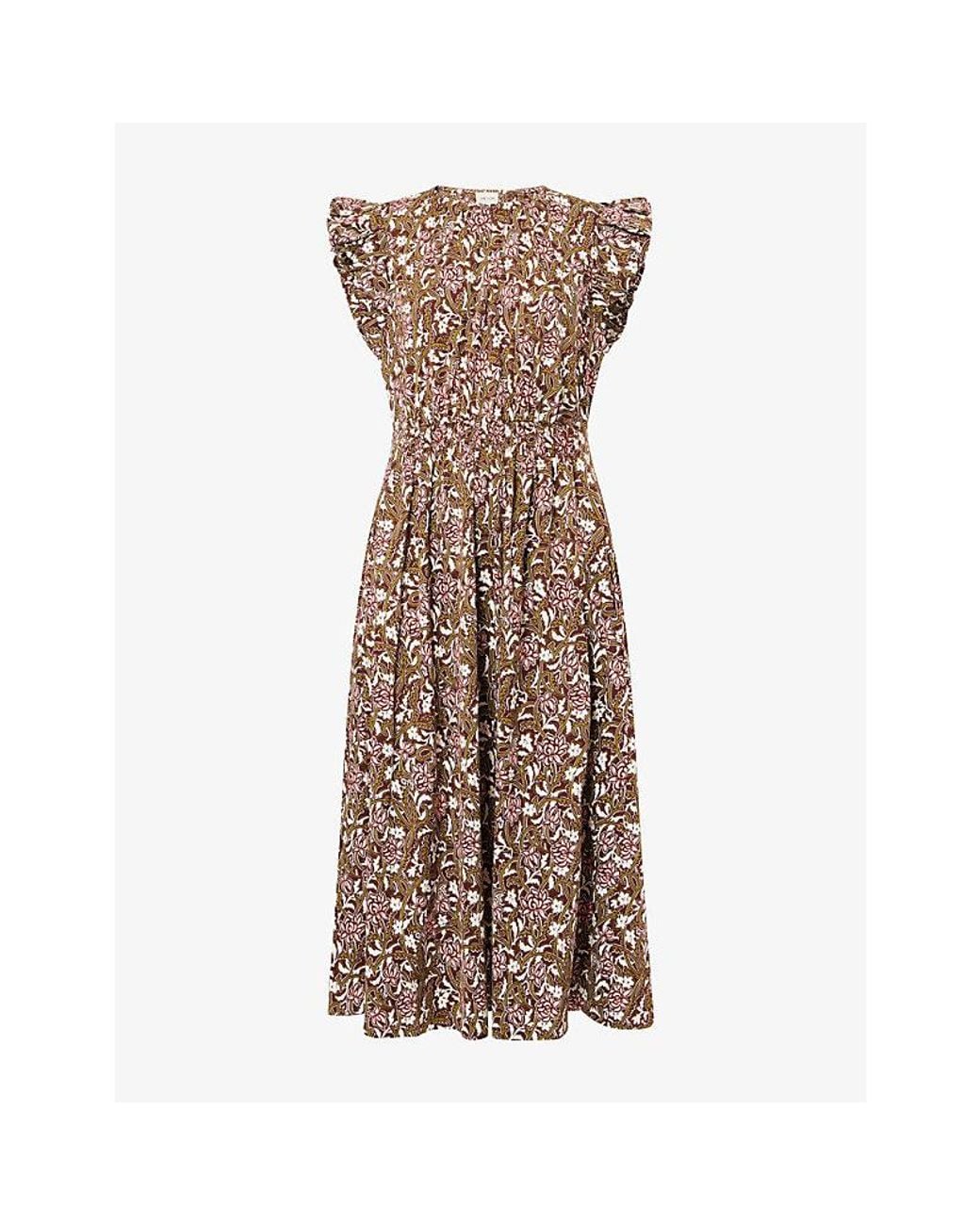 ME+EM Brown Overgrown Floral-Print Ruffle-Shoulder Cotton Midi Dress