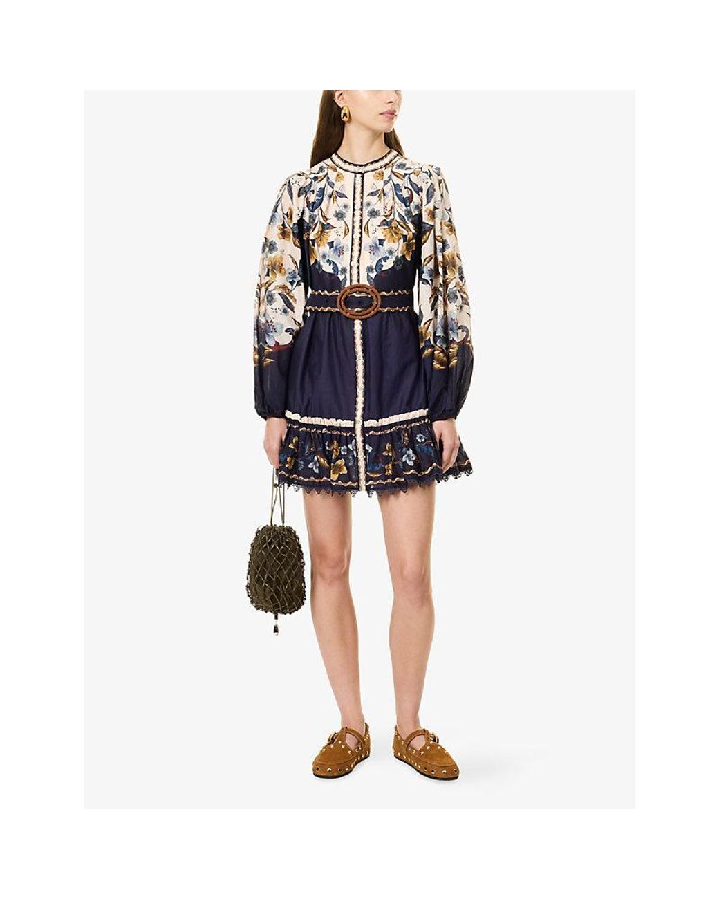 Farm Rio Blue Golden Nature Floral-Print Crepe Mini Dress