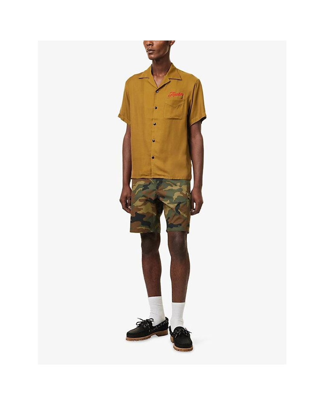 Austin Post Yellow Bowling Brand Embroidered Woven Shirt for men