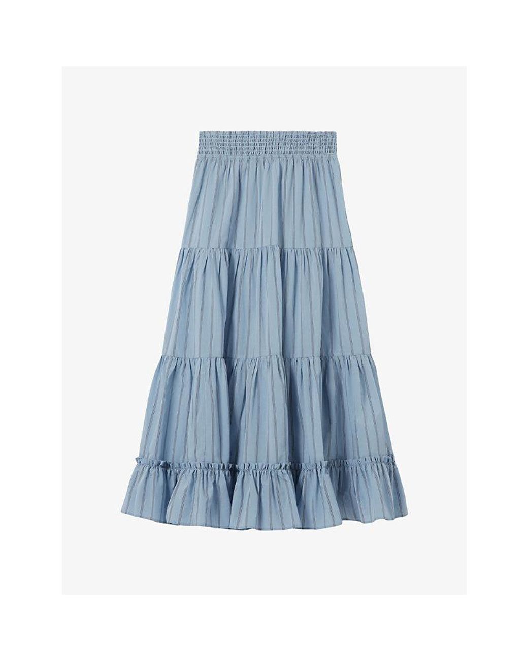Claudie Pierlot Blue Striped Tiered Modal-Blend Maxi Skirt