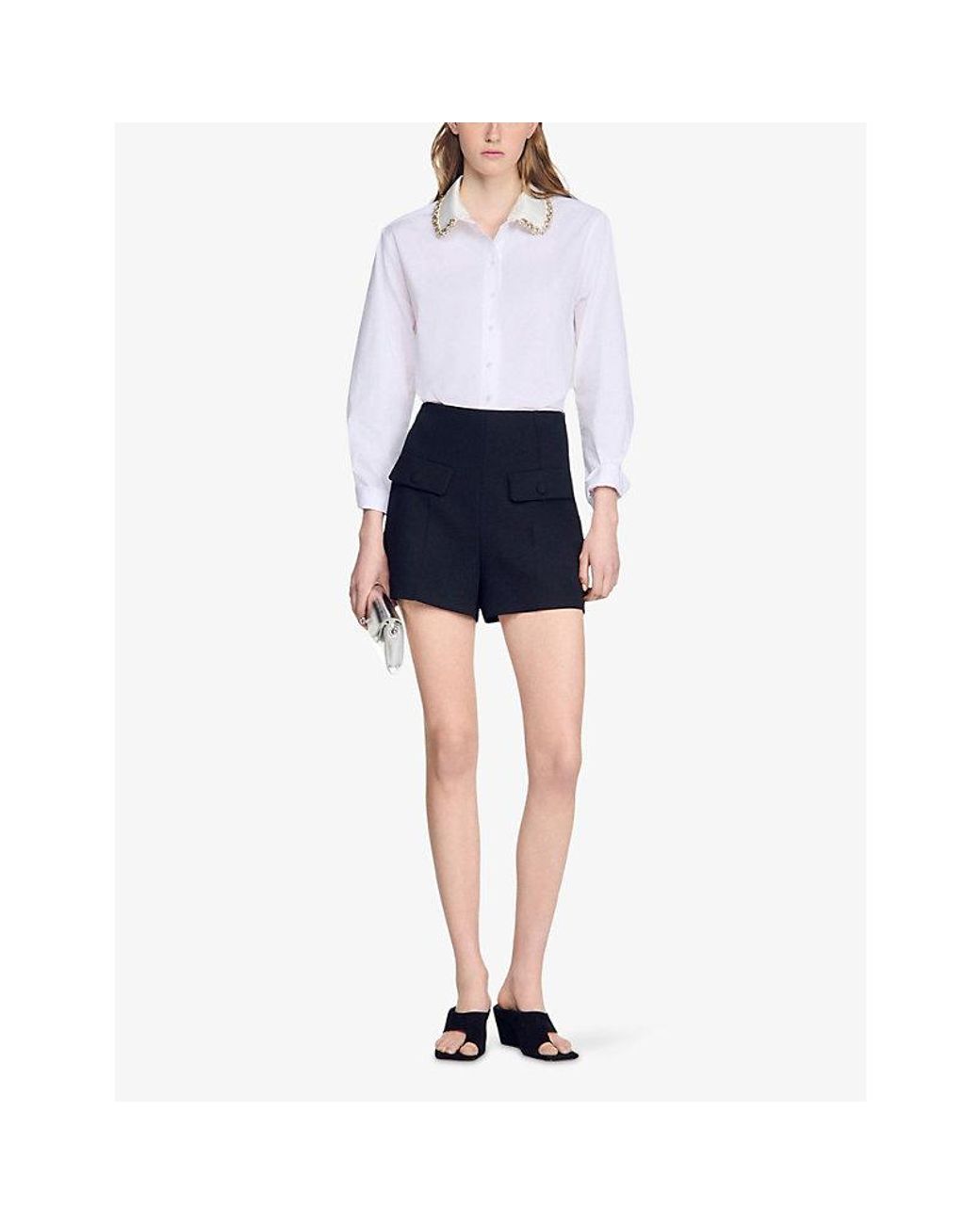 Sandro White Embellished-Collar Long-Sleeved Cotton Shirt