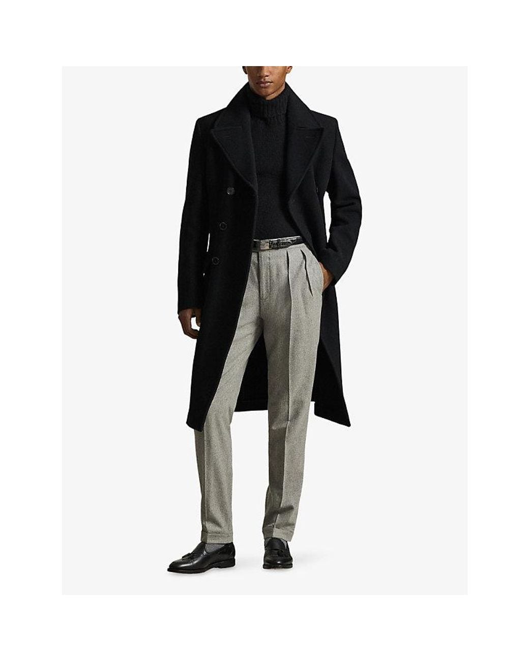Polo Ralph Lauren Black Double-Breasted Notched-Lapel Wool Blend Coat for men