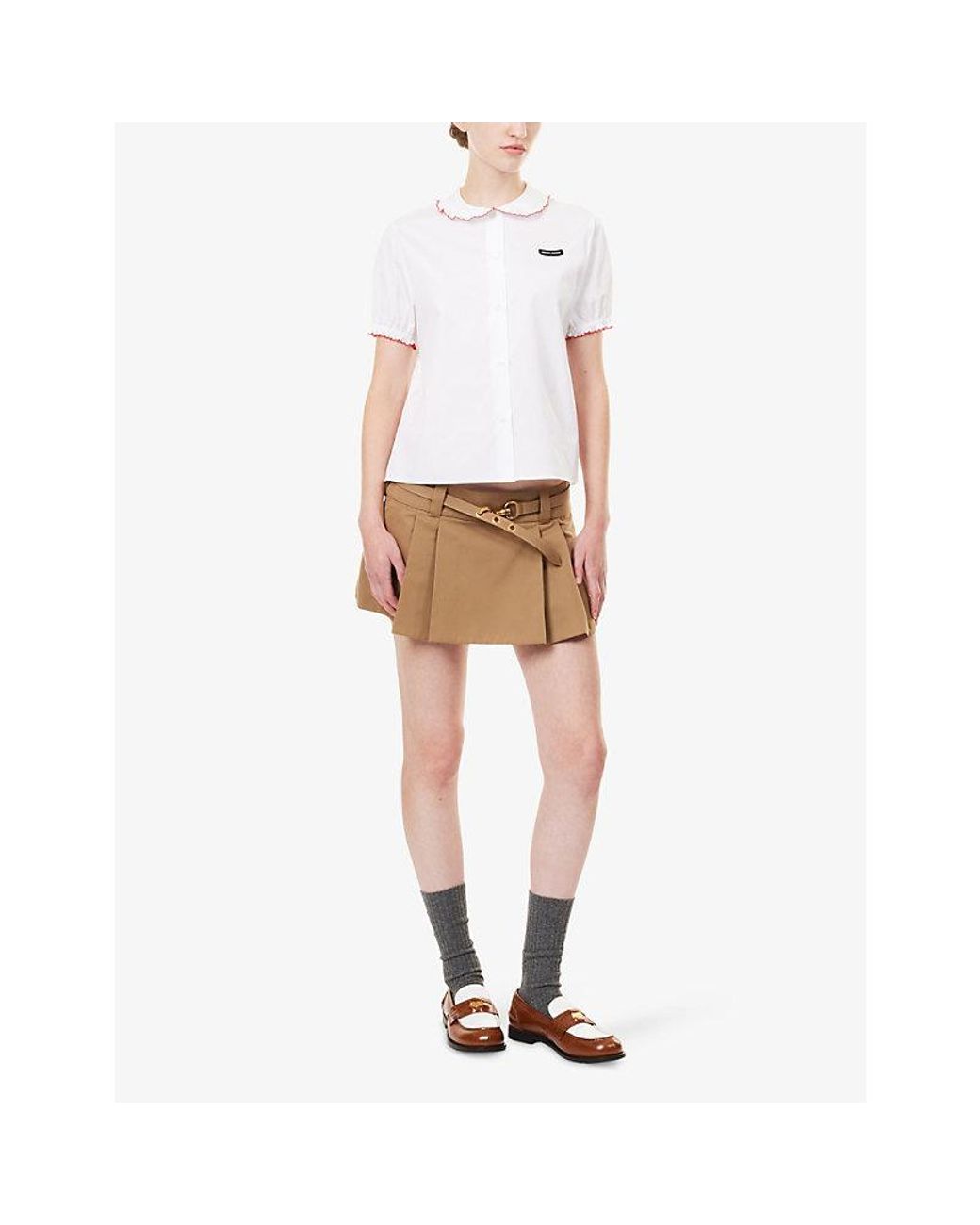 Miu Miu White Embroidered Scalloped-Trim Cotton Shirt