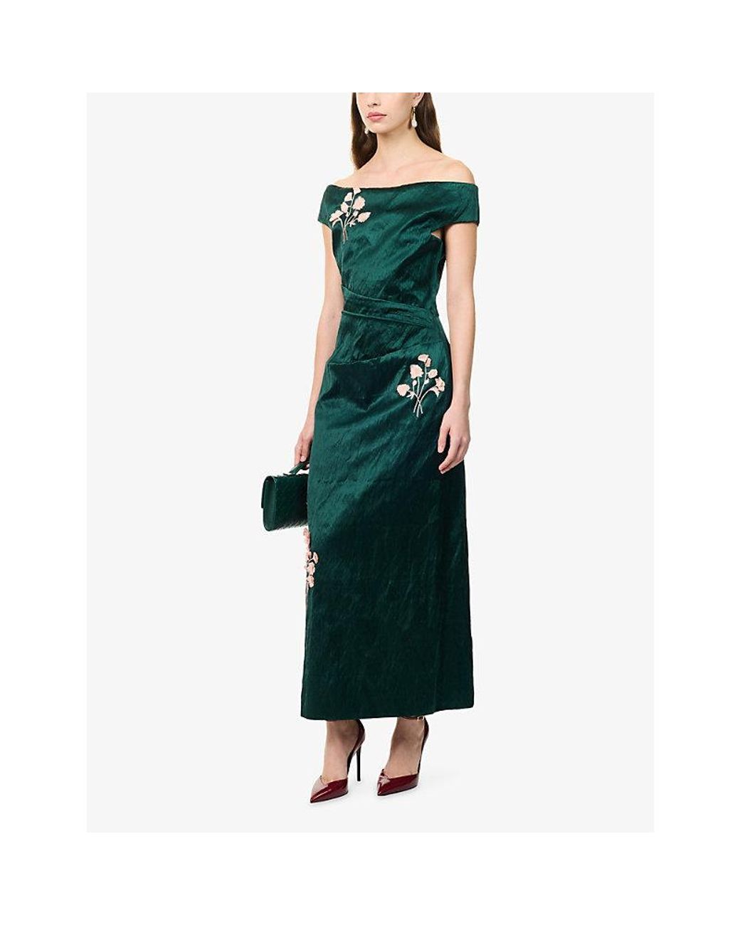 Erdem Green Floral-Embroidered Satin Maxi Dress