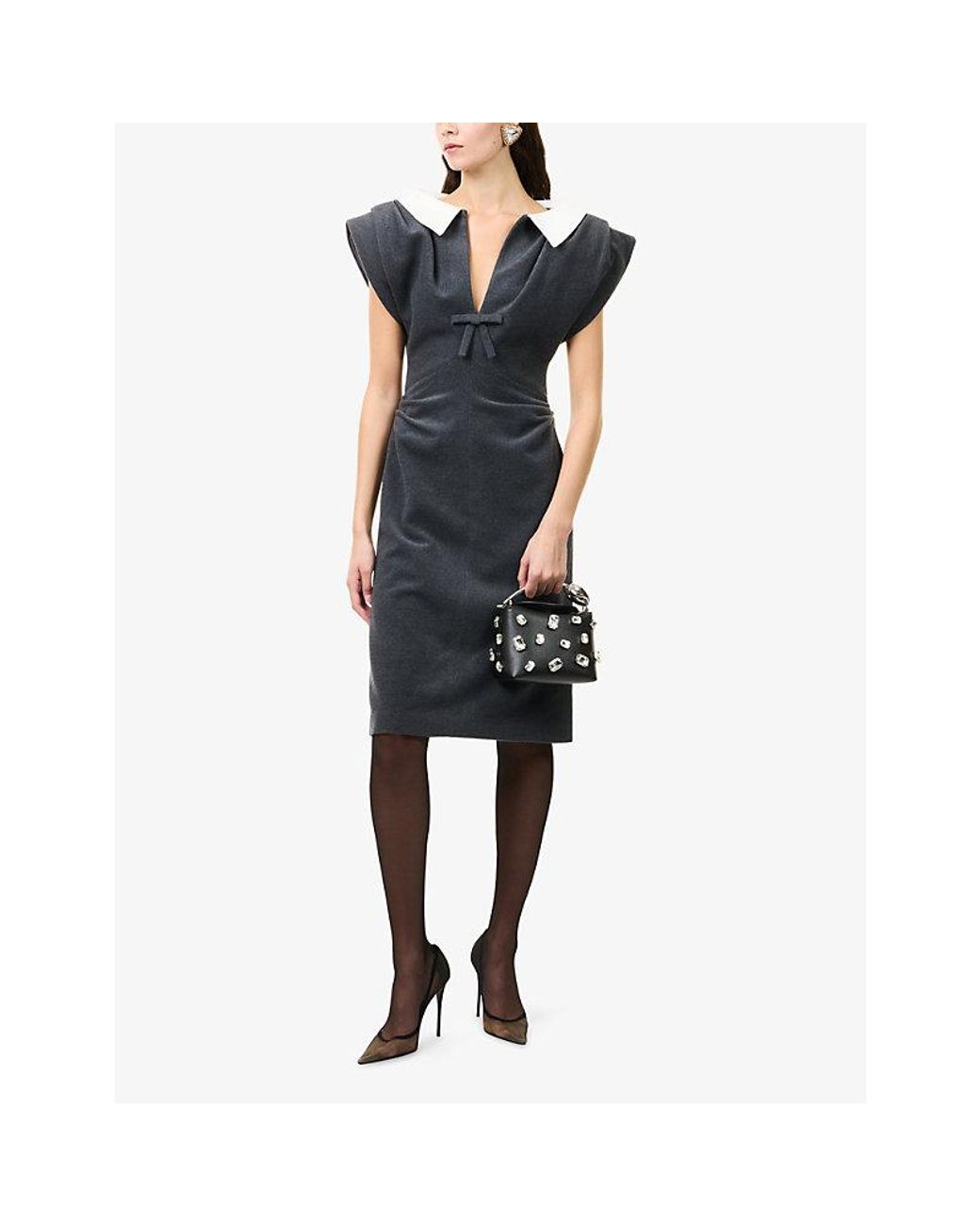 ShuShu/Tong Blue V-Neck Structured Wool-Blend Midi Dress