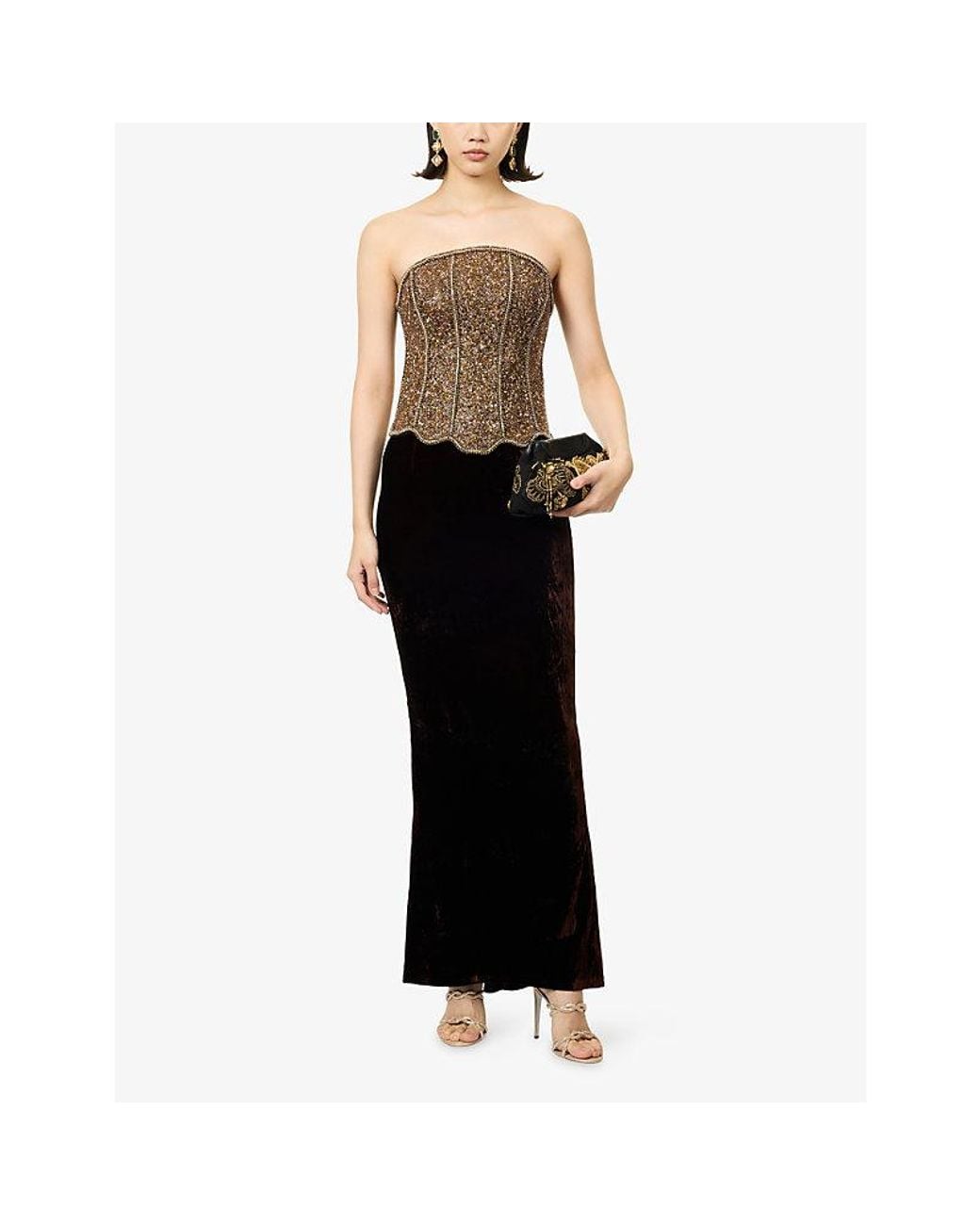 GRACE FAENA Brown Beaded Scallop Silk Corset Top