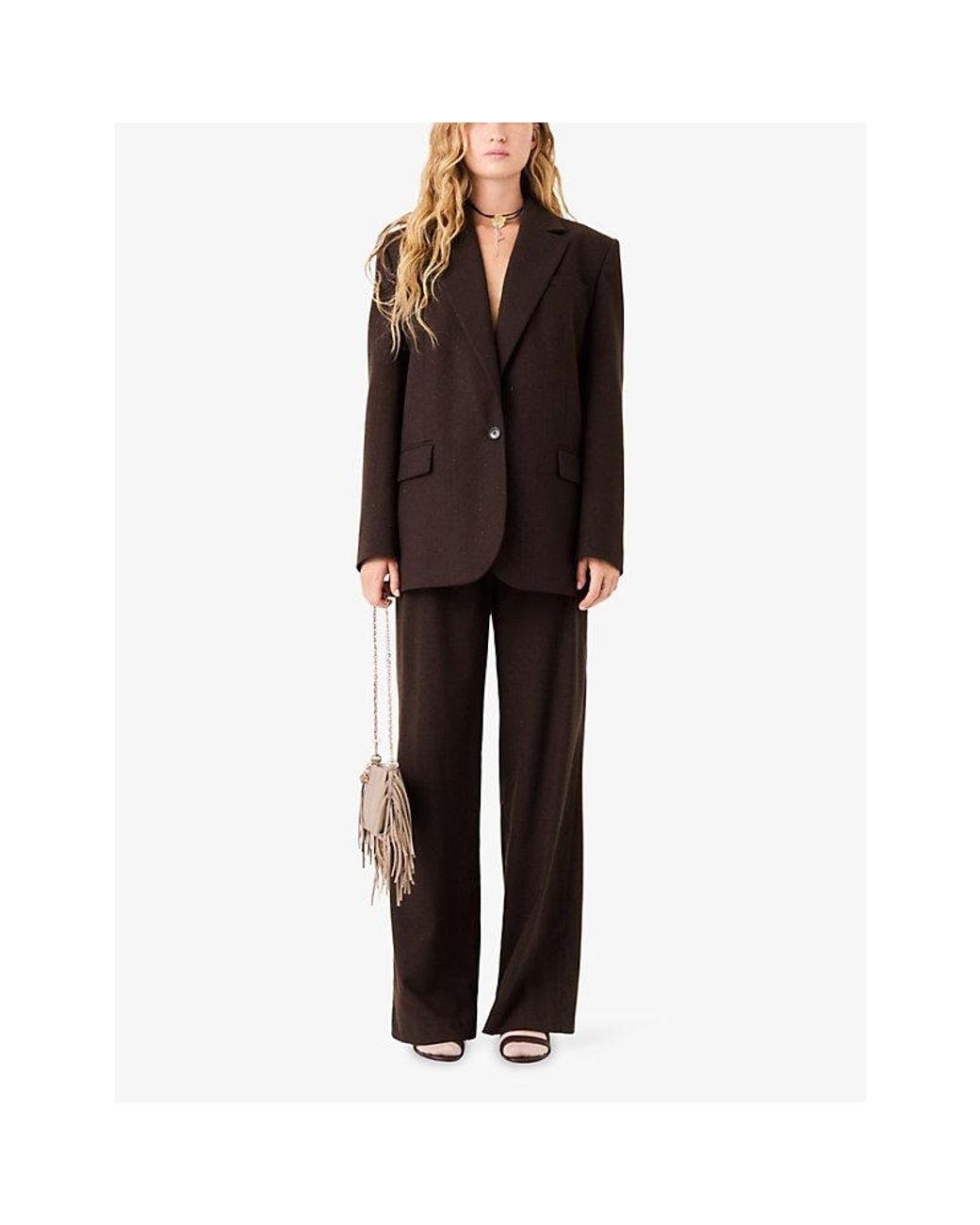 Maje Brown Rhinestone Woven Suit Jacket