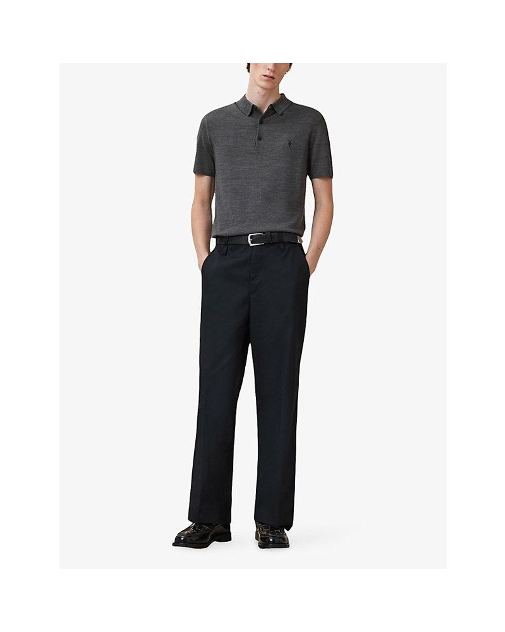 AllSaints Gray Mode Short-Sleeve Merino Wool Polo Shirt for men