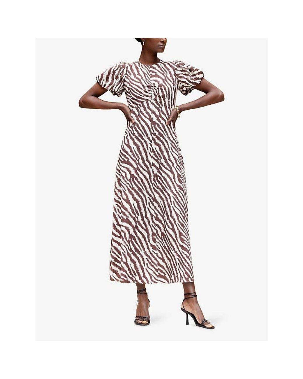 Ro&zo Zebra-Print Puff-Sleeve Woven Midi Dress in Brown