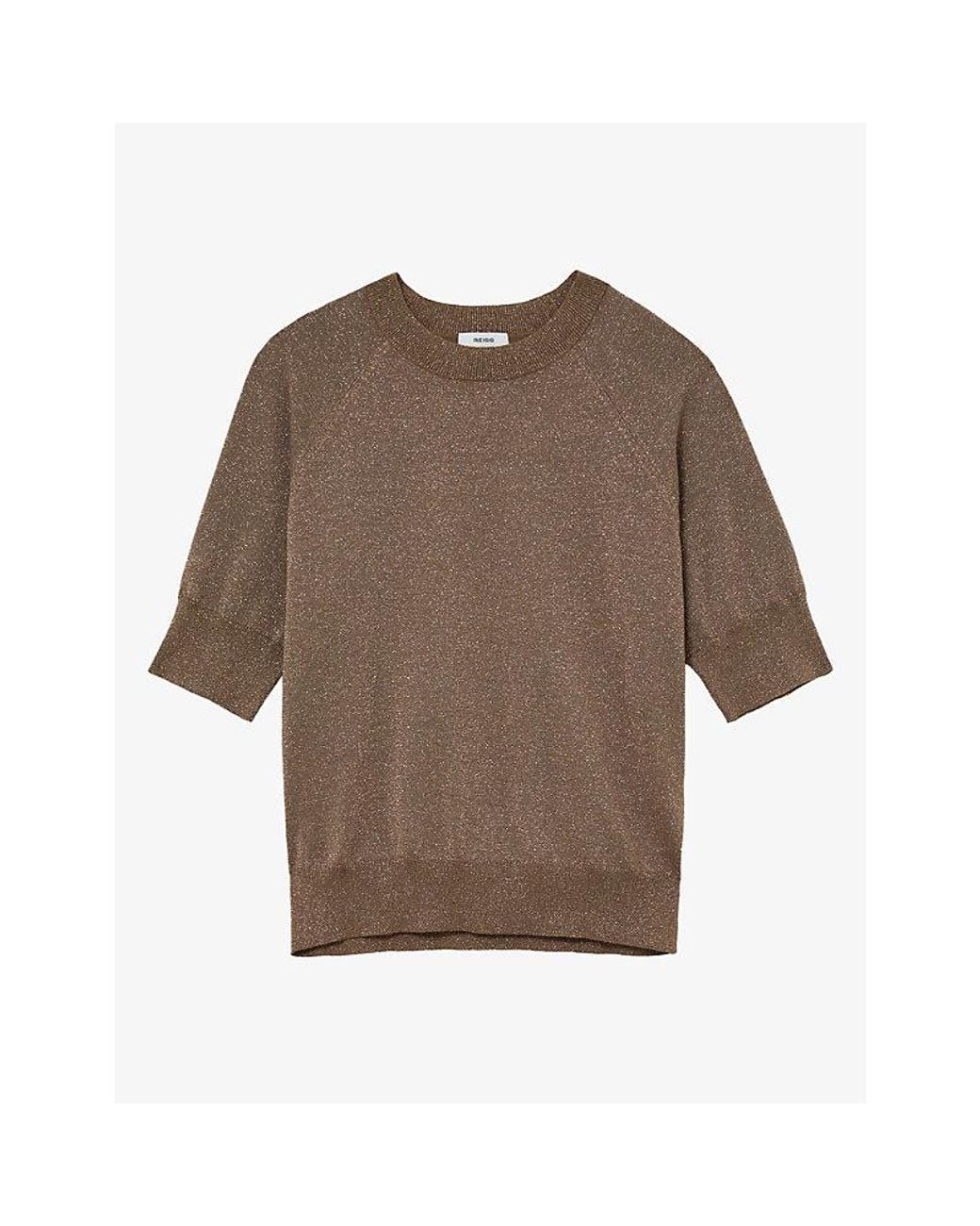 Reiss Brown Susanne Short-Sleeve Metallic-Knit Top