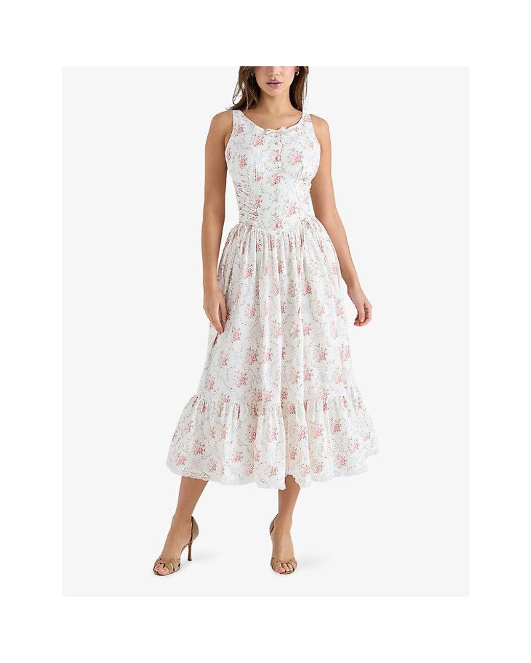House Of Cb Purple Sienna Floral-Print Side-Tie Stretch-Cotton Midi Dress Xs (A-C Cup)