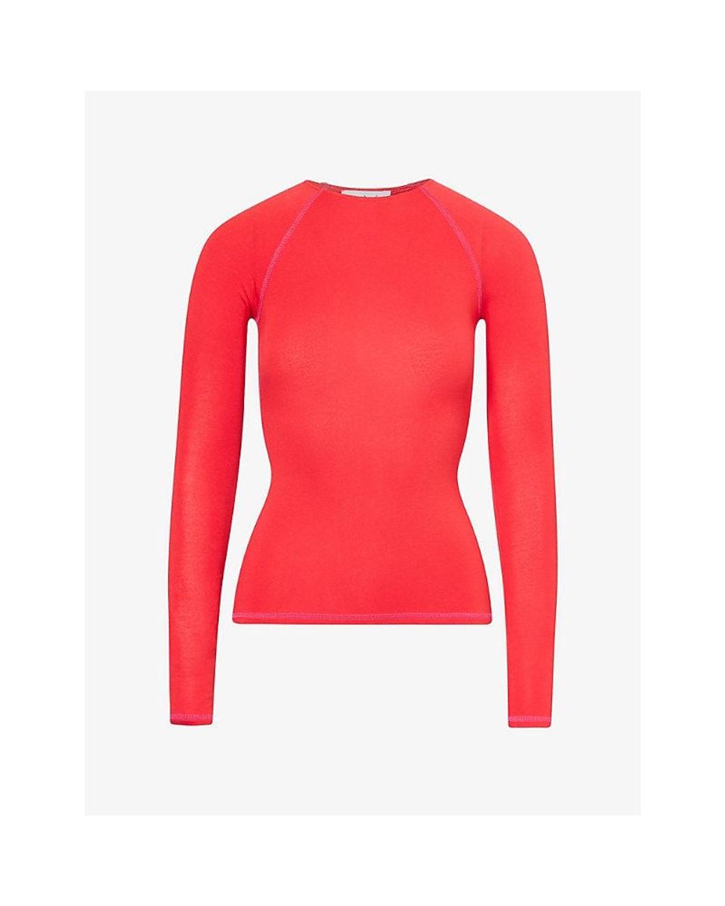 Peachy Den Red Susie Long-Sleeve Stretch-Woven Top