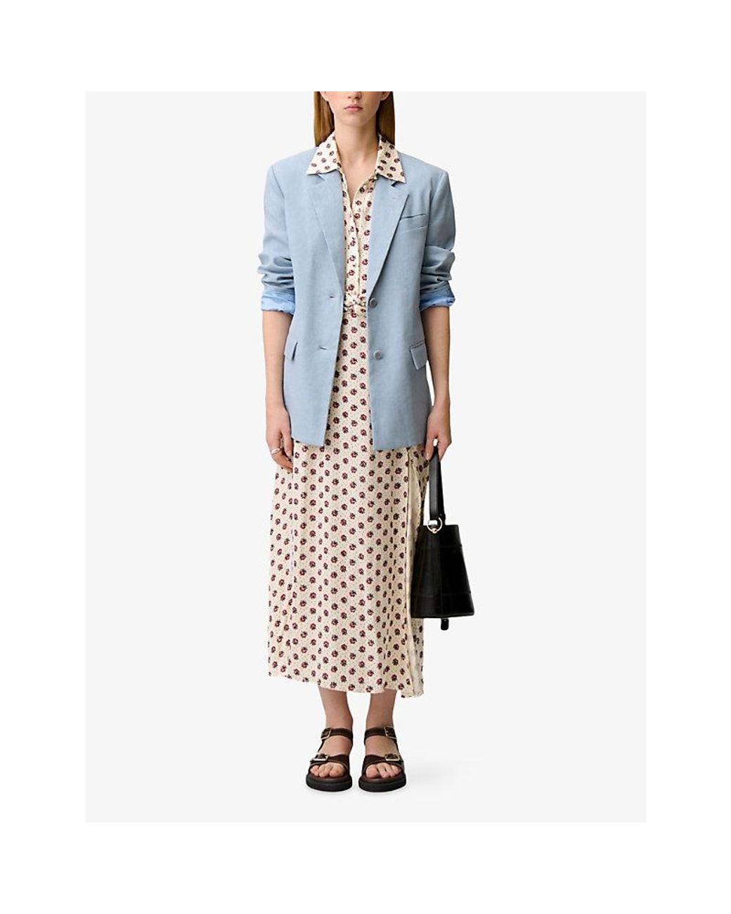 Claudie Pierlot Blue Single-Breasted Tailored Linen-Blend Blazer