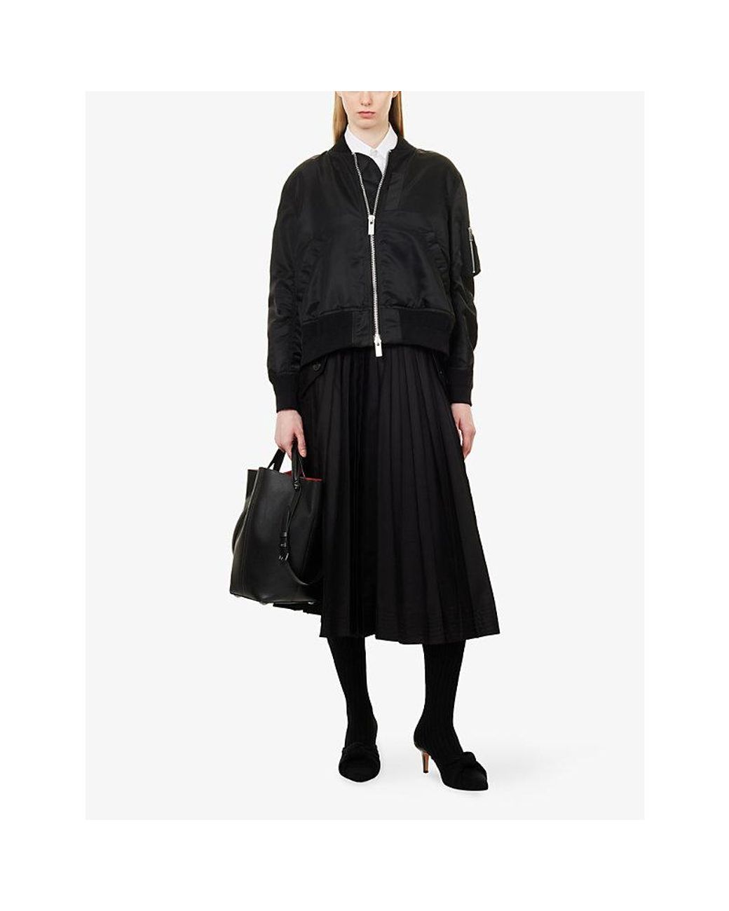 Sacai Black Belted Pleated Cotton-Garbadine Midi Skirt
