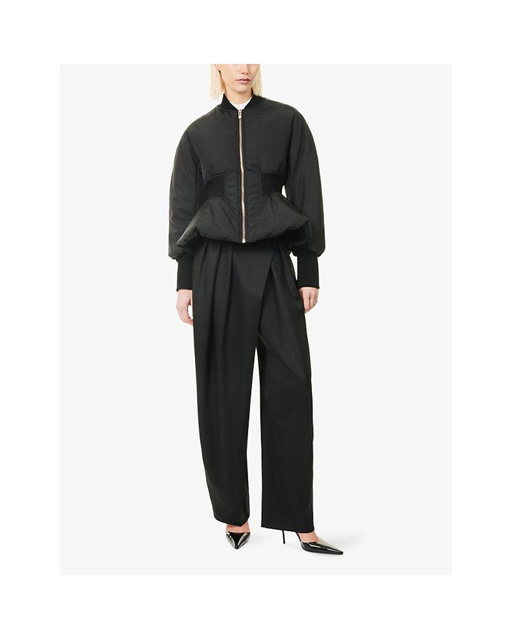 Alaïa Black Peplum-Hem Woven Bomber Jacket