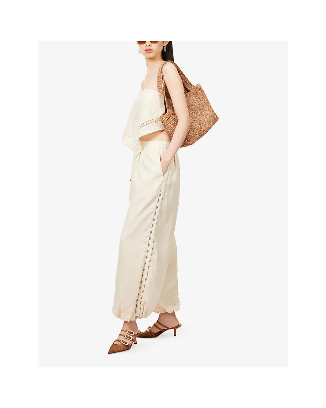 Jonathan Simkhai Natural Selah Lace Balloon Linen-Blend Trousers