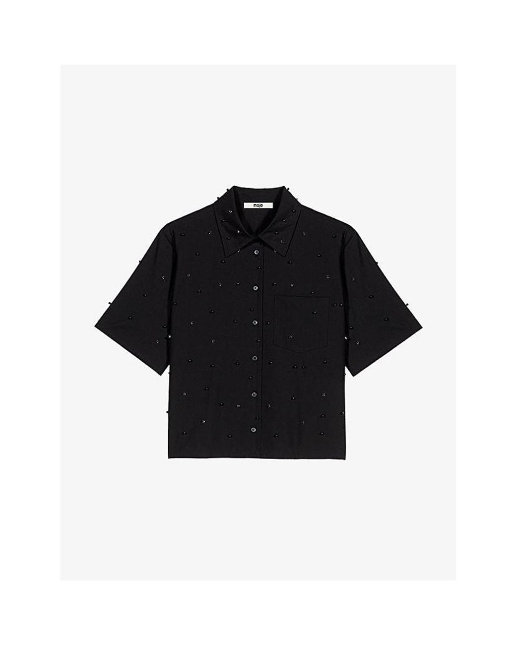Maje Black Rhinestone Beaded Short-Sleeve Cotton Shirt