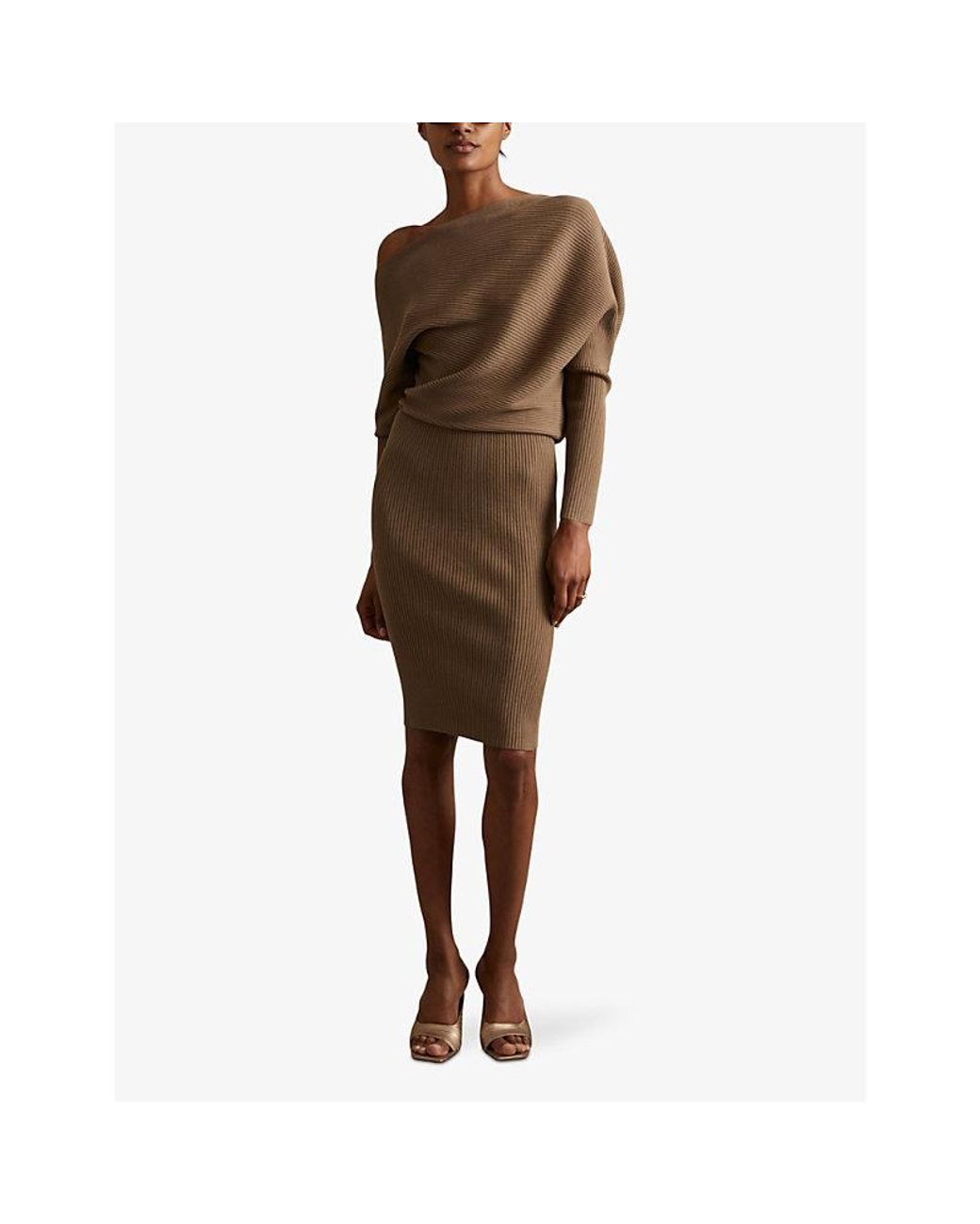 Reiss Lara Off Shoulder Draped Stretch Knit Bodycon Midi Dress in Brown Lyst UK