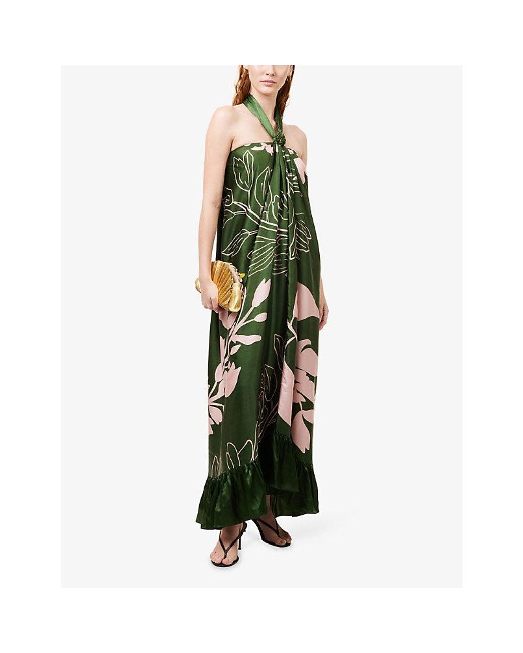 VERANDAH Green Halterneck Wisteria-Print Satin Maxi Dress