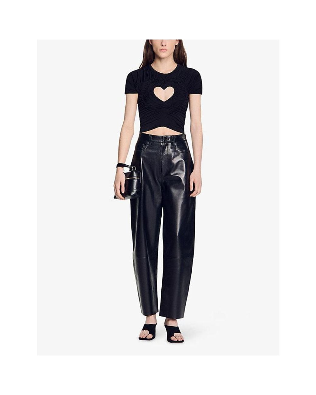 Sandro Black Heart Cropped Stretch-Jersey T-Shirt
