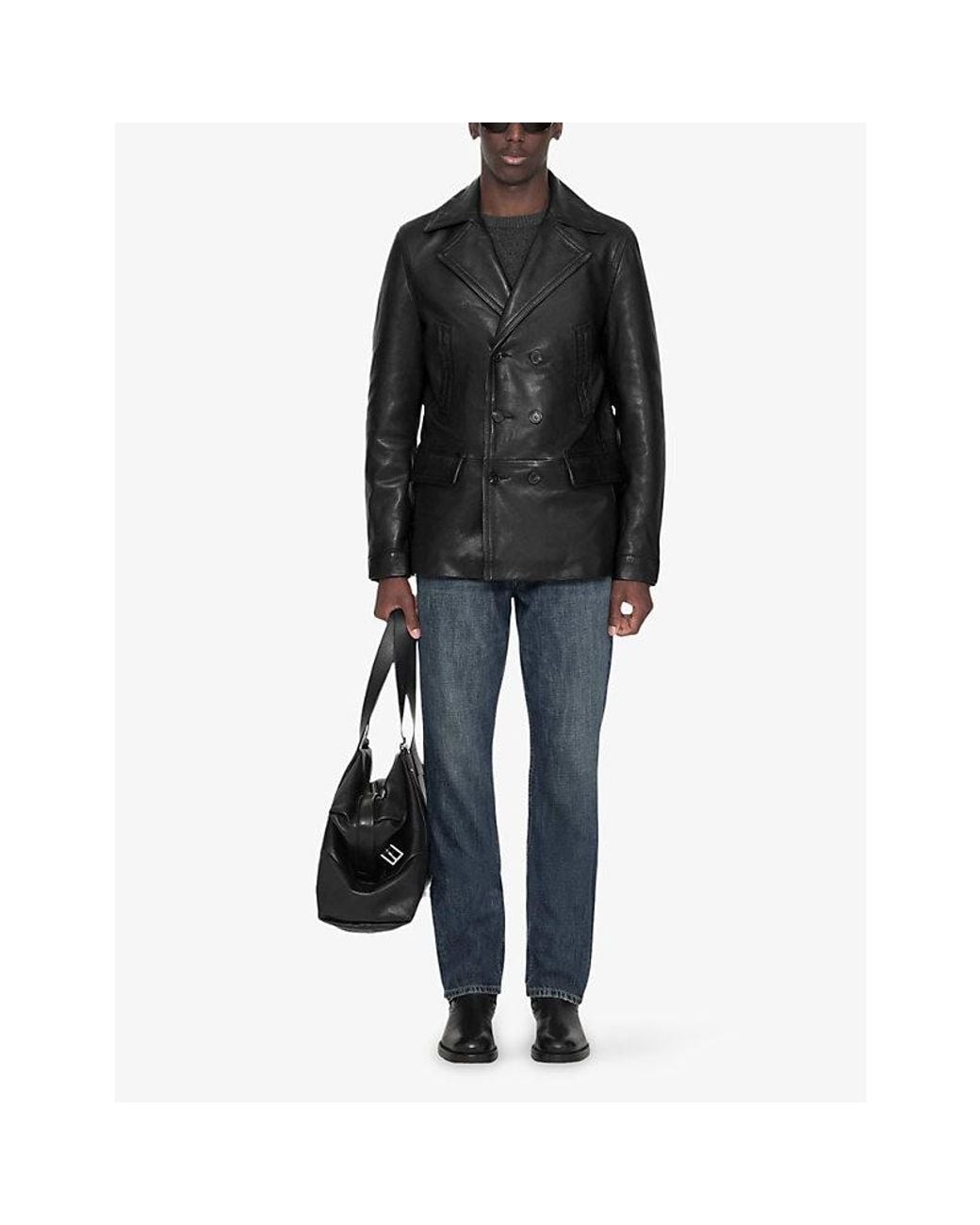 AllSaints Black Tilson Double-Breasted Leather Peacoat for men
