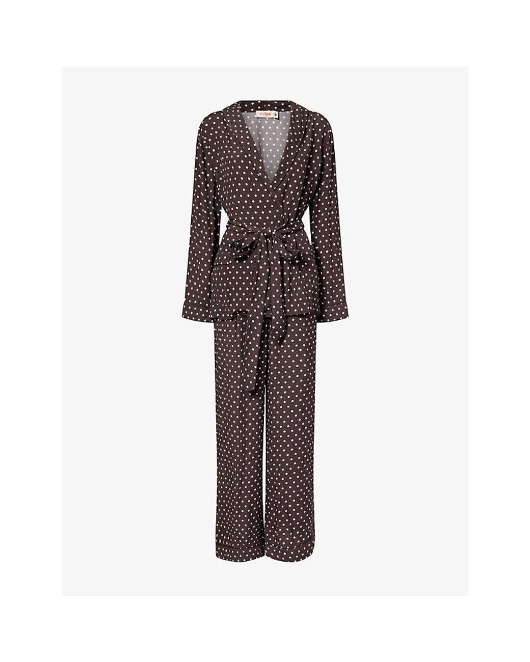 It's 9pm Brown Rizzo Polka-Dot Smoking Woven Pyjama Set