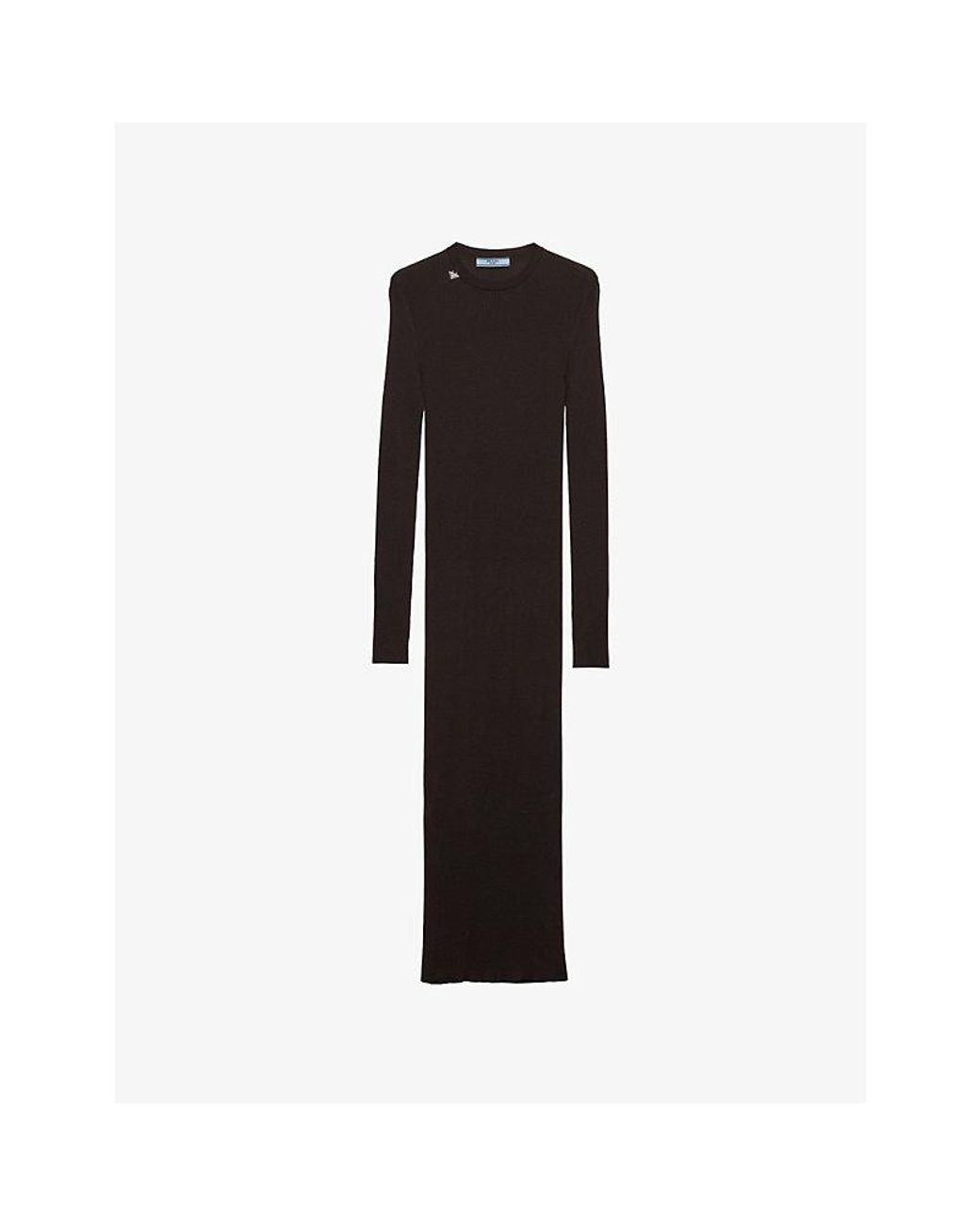 Prada Black Long-Sleeved Branded Wool Midi Dress