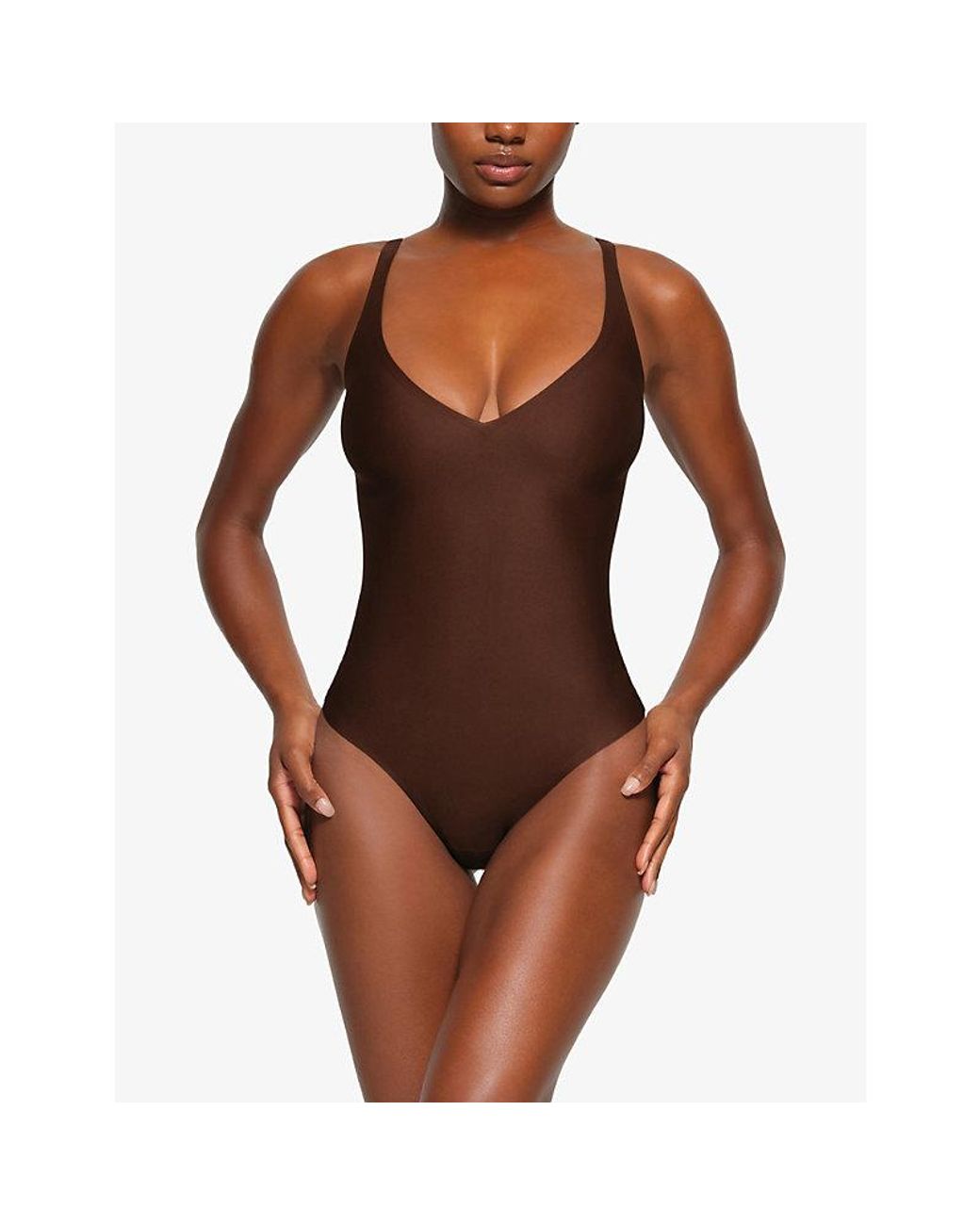 Skims Brown Body Plunge Thong Stretch-Woven Body