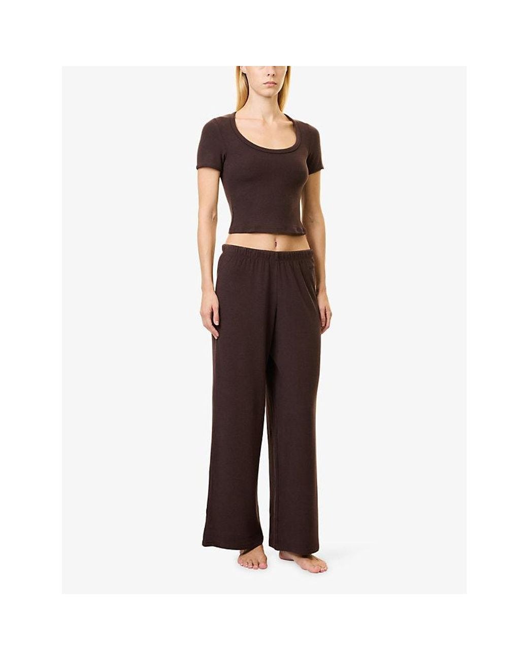 Lounge Underwear Brown Ribbed Short-Sleeve Stretch-Jersey Pyjama Top