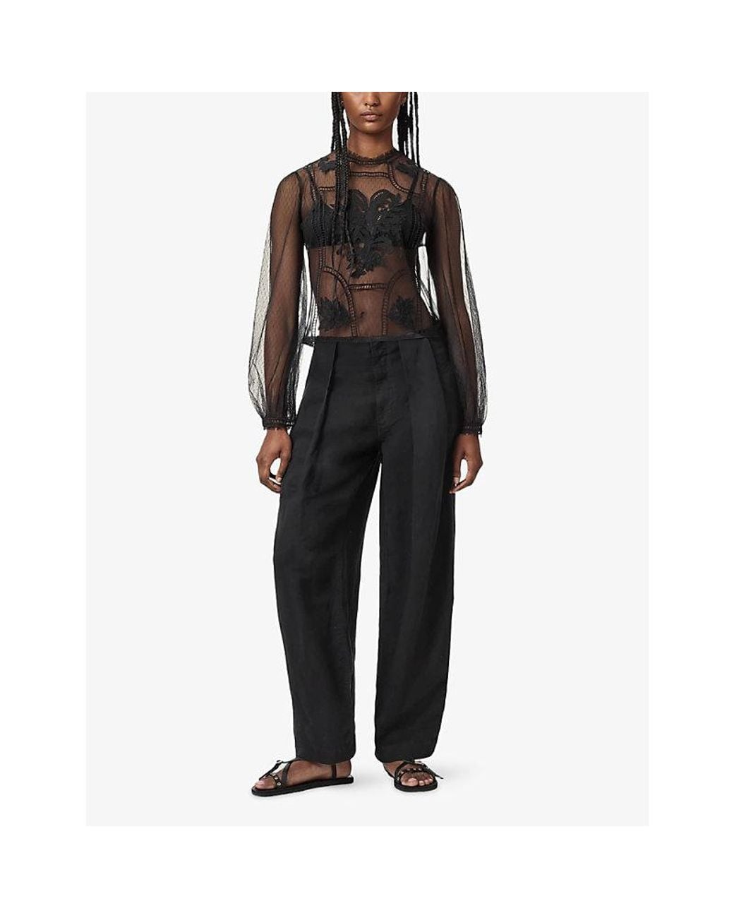 AllSaints Black Cesca Embroidered Long-Sleeve Sheer Woven Top