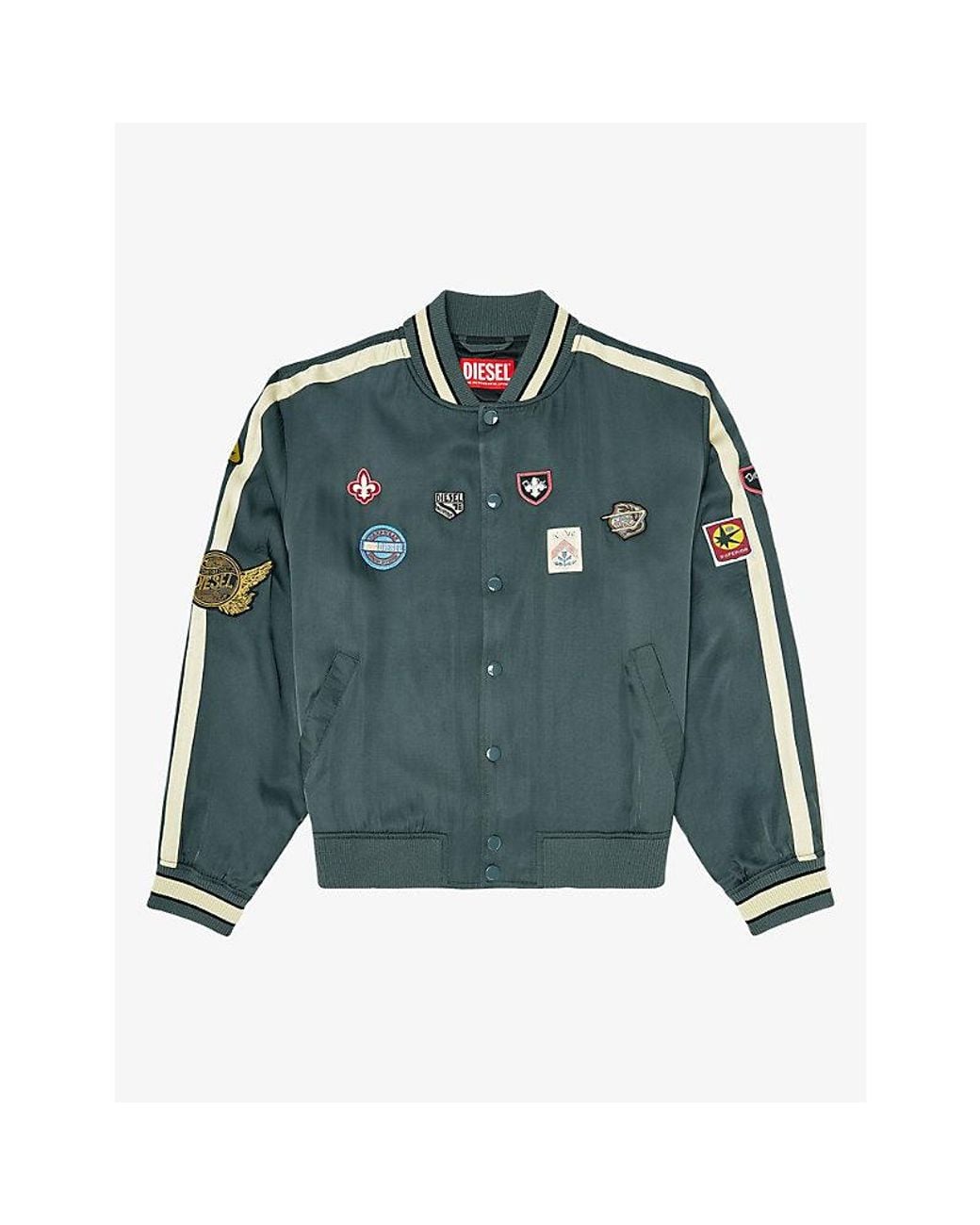 DIESEL Blue Embroidered-Patches Satin Bomber Jacket for men