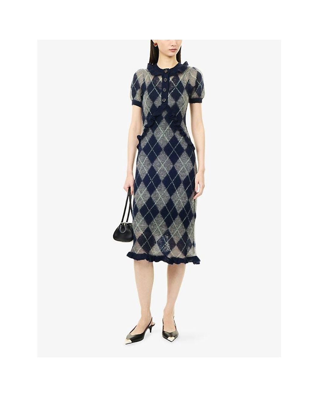 ShuShu/Tong Blue Argyle-Knit Short-Sleeve Wool-Blend Midi Dress