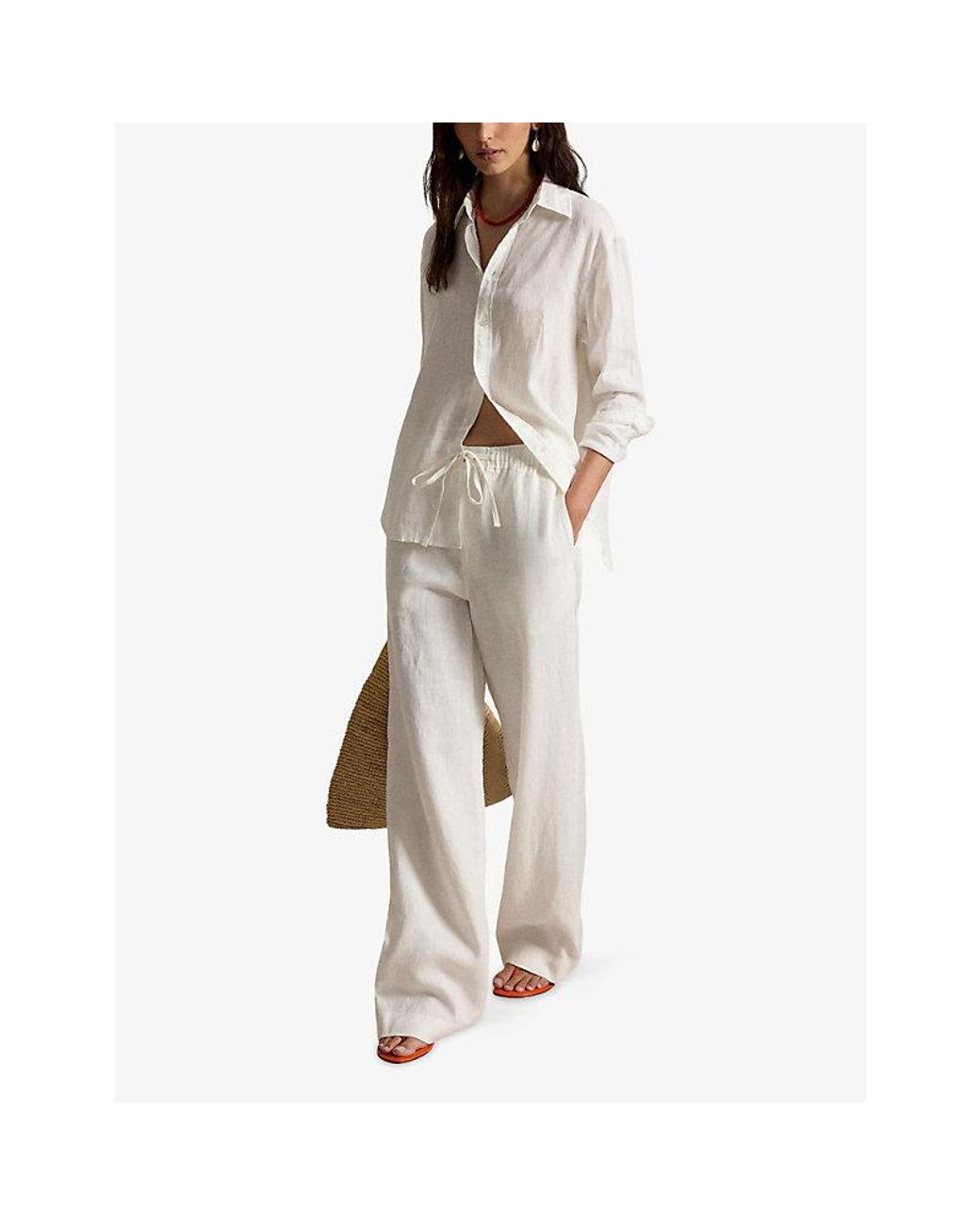 Polo Ralph Lauren White Drawstring Wide-Leg Linen Trousers