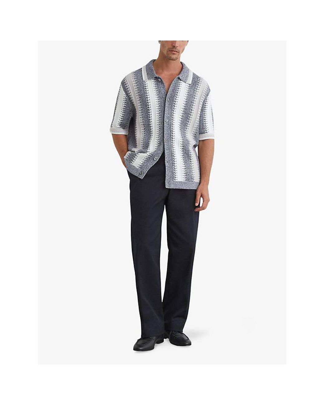 Reiss Blue Dale Striped Short-Sleeve Knitted Shirt for men