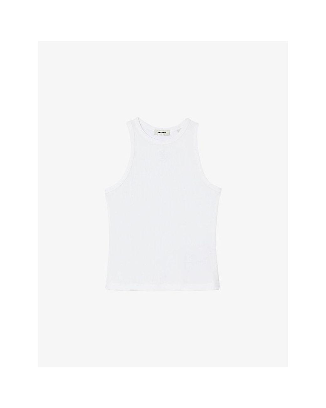 Sandro White Round-Neck Sleeveless Cotton T-Shirt