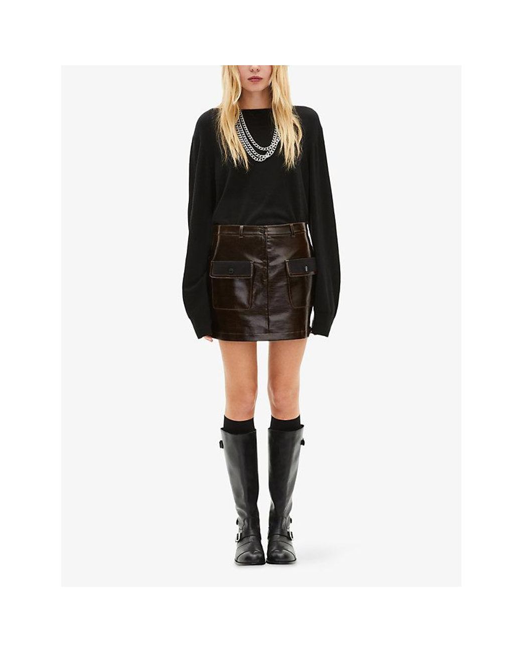 The Kooples Black High-Rise Vinyl-Effect Woven Mini Skirt