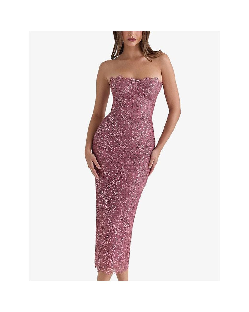 House Of Cb Purple Alexia Strapless Floral-Lace Woven Midi Dress Xs (A-C Cup)